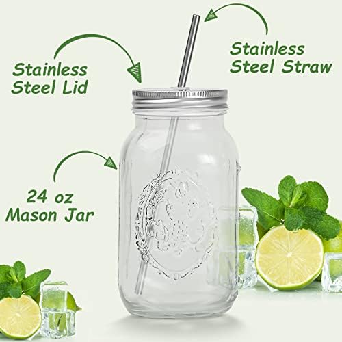 Smoothie Cups, Glass Mason Drinking Jar, 24oz Smoothie Cups with Lid and Stainless Steel Straw, Drinking Mugs, Tea Cup Travel Mug, Ideal for Juice, Milk (Pack Of 2, Clear)