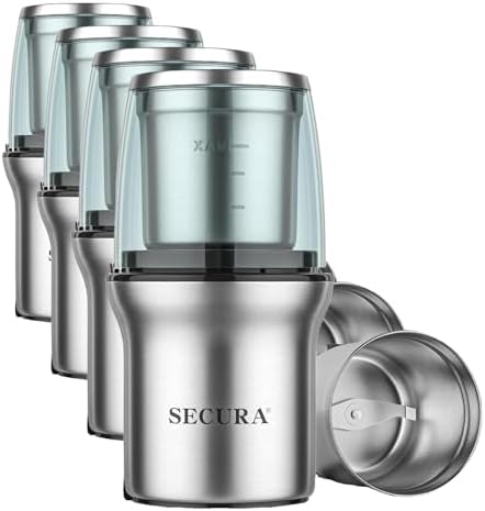 Secura Electric Coffee Grinder and Spice Grinder with Stainless Steel Blades, 1 Removable Bowl, Stainless (Pack of 4) by Secura