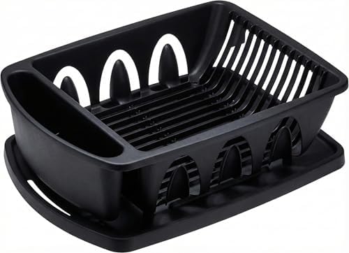 Sink Dish Drying Rack, Heavy Duty Hard Plastic Drying Rack, Dish Drainer for Kitchen Counter with Drainboard Set, with Silverware Holder - 18 x 13 x 6 (Black) - Made in USA