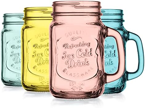 Mason Jar Drinking Glasses Set Of 4, 15 oz. Colored Mugs With Embossed Ice-Cold Drinkware Logo, Glass Mason Jar Mug With Handle. For Smoothies, Cocktails, Beverages. Hand Wash
