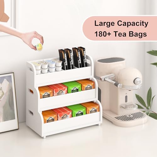 3-Tier Bamboo Tea Box Rack with Removable Dividers, Wall Mount Large Capacity for Pantry Drawer Cabinet Kitchen Office Coffee StationTea Bag Organizer, Stackable Tea Holder for Countertop, White