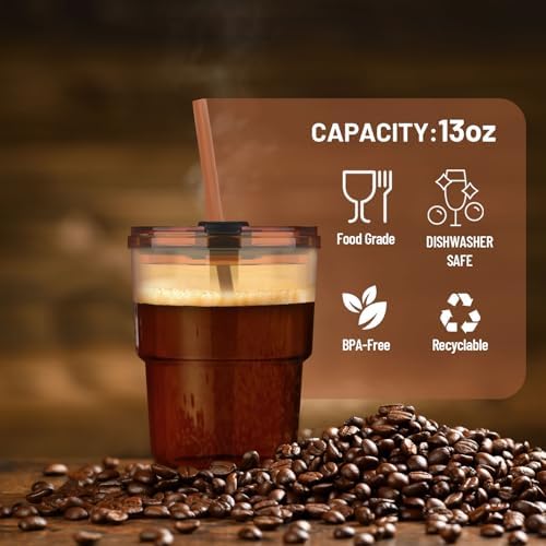 13 oz Glass Cups with Lids and Straws Reusable Iced Coffee Tumbler