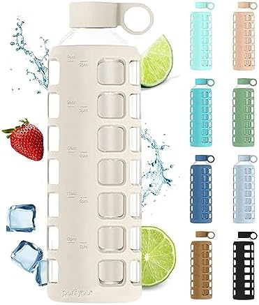 40oz / 32oz / 22oz / 12oz Borosilicate Glass Water Bottle with Time & Volume Markers, Silicone Sleeve, Stainless Steel Lid | Reusable Glass Bottle for Water & Juice