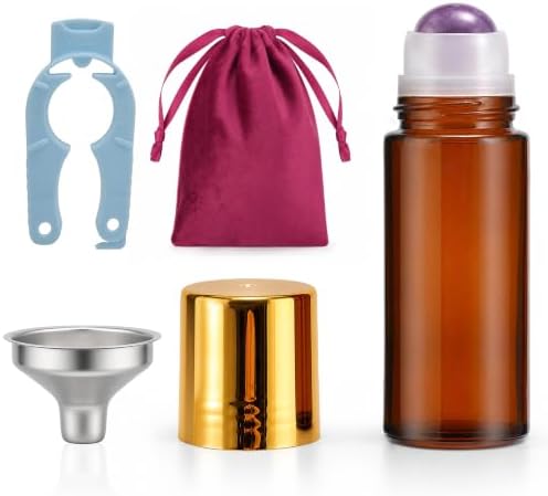 Roller Ball Applicator,Rose Quartz Roller Bottle,50ml Refillable Amber Glass Roll On Bottles with Natural Crystal Roller Balls,Leak-Proof Travel Perfume Bottle with Gold Caps (Purple) by Unknown