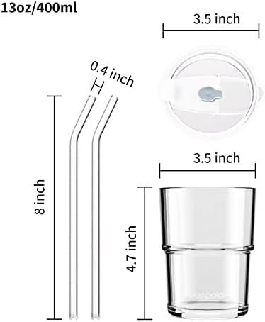13oz/400ml Glass Water Tumbler with Straw and Lid Sealed Carry On Thick Wall Iced Coffee Cup Glass Cup for Water, Iced Tea Fruit Juice Etc (White-2Pack)