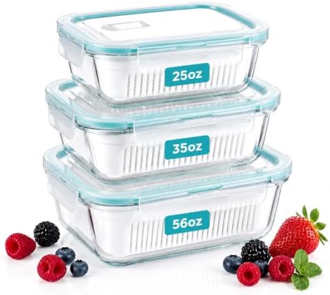 Glass Berry Container for Fridge, 3 Pack, 56oz 35oz 25oz, with Removable Colander and Vent Valve, Fresh Produce Storage Set