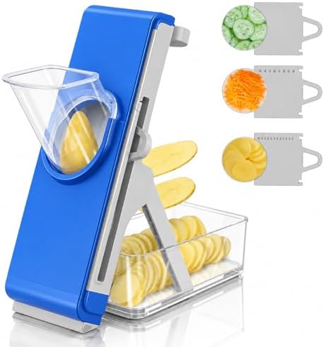 Eletronova Safe Mandoline Slicer for Kitchen, Vegetable Slicer with Container, French Fry Cutter, All in 1 Julienne Slicer for Potato, Thickness Adjustable, Detachable Blade (Dark blue) by Eletronova