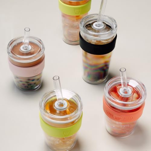 Cold Cup Iced Coffee Tumbler, 16 oz Tempered Glass Cup with Removable Tritan Sleeve - Lid and Reusable Straw, Boba and Smoothie Cup, Chalk