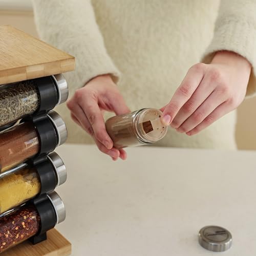 16 Jar Rotating Bamboo Spice Rack with Spices Included & 5-Year Spice Refill Program – Compact Countertop Spice Rack with Glass Jars