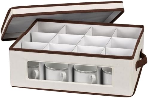 538 Vision China Storage Box for Tea Cups and Mugs with Lid and Handles | Natural Canvas with Brown Trim