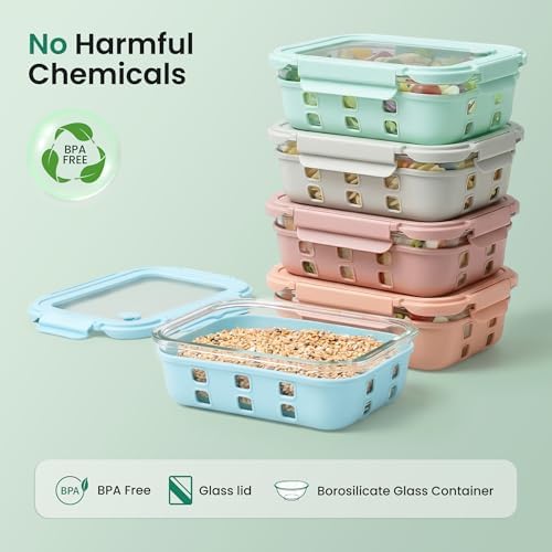 Glass Meal Prep Containers 5 Set, 4.4 Cup Airtight Leakproof Lids, Borosilicate Glass Food Storage Containers, Microwave Oven Freezer Safe, BPA Free Lunch Containers