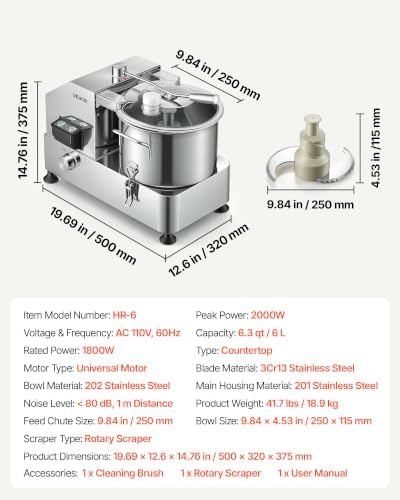 Food Processor 6.3 qt 6 L Commercial Electric Vegetable Chopper 1800W
