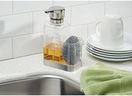 Modern Plastic Kitchen Sink Countertop Liquid Hand Soap Dispenser Pump Bottle Caddy with Storage Compartment - Holds and Stores Sponges, Scrubbers and Brushes - Clear/Brushed