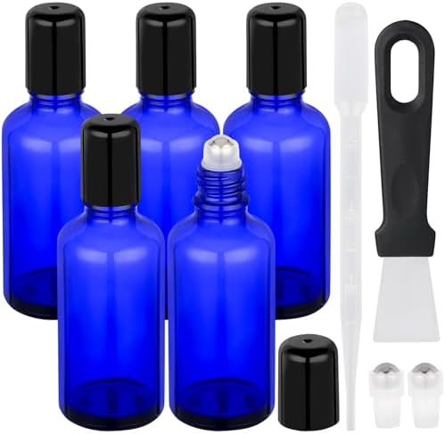 Segbeauty 1.69oz Glass Essential Oil Roller Bottles Refillable, 5Pack of Empty Rollerball Bottles for Oil, 50ml Blue Leakproof Perfume Oils Bottle with Dispensing Tools, Anointing Oils Bottle by Segbeauty