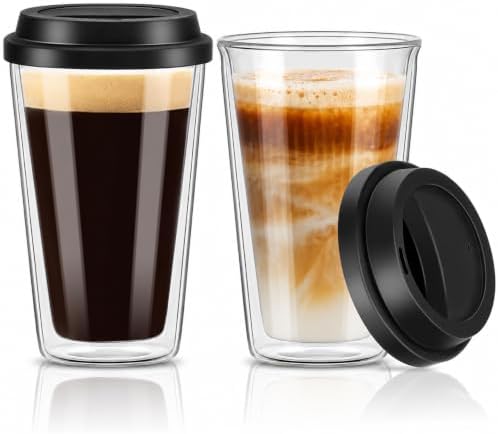 2 Packs Double Walled Glass Coffee Mugs with Silicone Lids, 12 OZ Reusable Glass Coffee Cups, Insulated Coffee Mugs, Cappuccino,Tea,Latte,Iced Coffee Cups, Glass Travel Mug, Heat Resistant