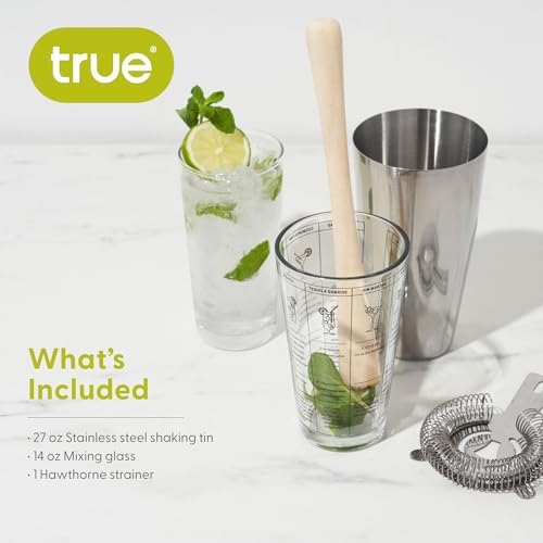 3-Piece Barware Set for Mixed Drinks and Cold Brew Cocktails, Includes Cocktail Shaker Tin, Cocktail Mixing Glass with 7 Printed Recipes, and Hawthorne Strainer, Home Bar Tools, Bartender Gifts