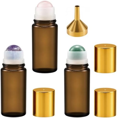 3 PCS 1.7 oz Amber Glass Roller Bottles, with a Funnel, Natural Stone Ball by Joyibay