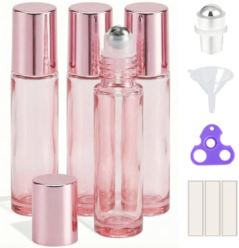 PrettyCare 4 Pack, 10 ml Essential Oil Roller Bottles with Stainless Steel Roller Ball - Refillable Leak-proof Empty Thick Pink Glass Roll on Bottles with Pink Caps for Travel, Perfume by PrettyCare