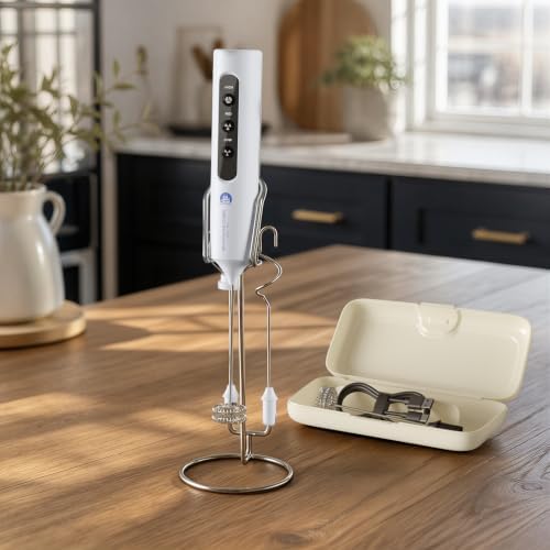 Rechargeable Milk Frother with Stand, 4 Interchangeable Whisks & Travel Case – Handheld Mixer for Lattes, Matcha, Hot Chocolate, Eggs & Protein Shakes by NewEnglandStories