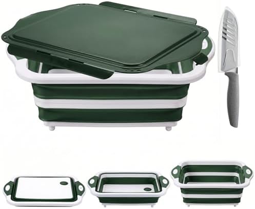 Collapsible BBQ Prep Tub with Lid, Foldable Camping Sink with Colander, Cutting Board, Dish Basin for Kitchen, Bowl, Vegetable and Fruit, Storage Basket for Picnic-Green
