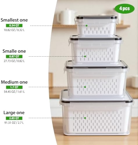 4 PCS Fruit Storage Containers for Fridge, Leakproof Produce Containers