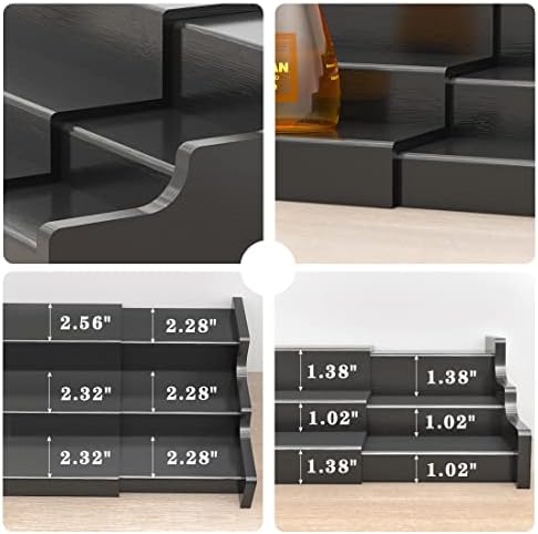 Spice Rack Organizer For Cabinet - 3 Tier Black Bamboo Wooden Expandable Display Shelf from 12.70 to 22.20 inch