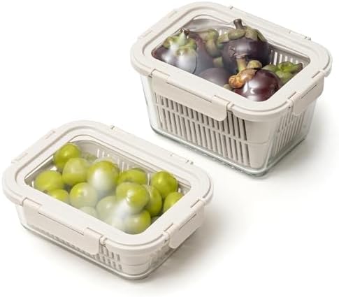 Glass Produce Storage Containers for Fridge, 2-Set – Airtight Fruit & Vegetable Containers with Removable Colanders, Flexible Silicone Lids,LeakProof, BPA-Free Borosilicate Glass