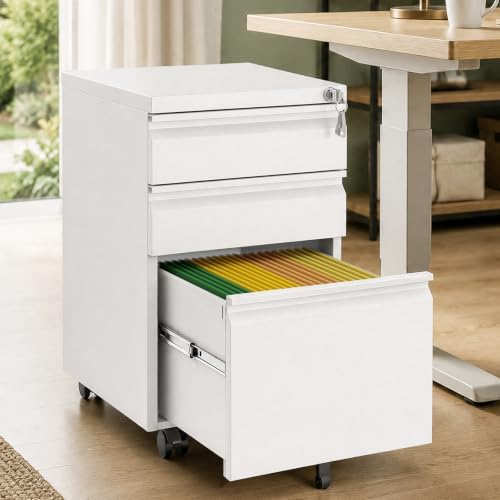 3 Drawer Metal File Cabinet with Lock & Rolling Casters