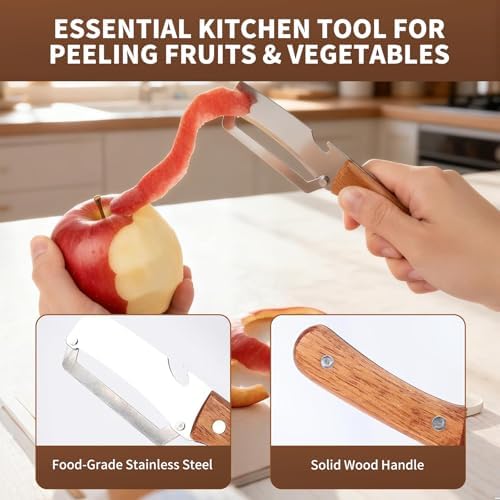 2 Pack Multifunctional Vegetable Peeler,Stainless Steel Peeler with Wooden Handle& Bottle Opener, 2 in 1 Vegetable Peeler for Kitchen, Zero Snag Wooden Kitchen Tool for Potato, Apple)