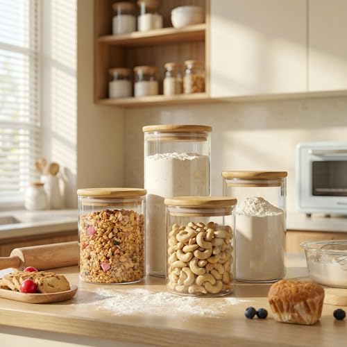 Large Glass Storage Containers with Bamboo Lids for Flour & Sugar, 2 Pack