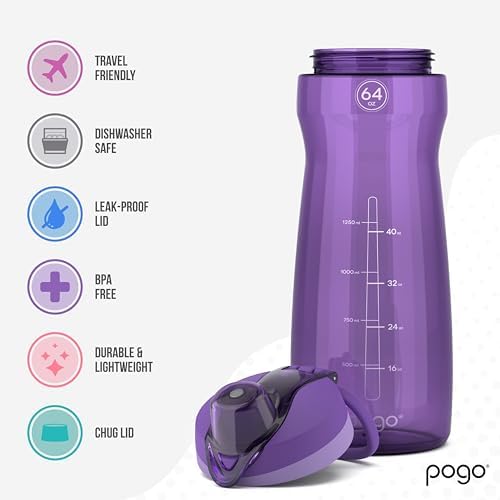 Pogo 64oz Plastic Water Bottle with Chug Lid and Carry Loop, Purple - Image 3