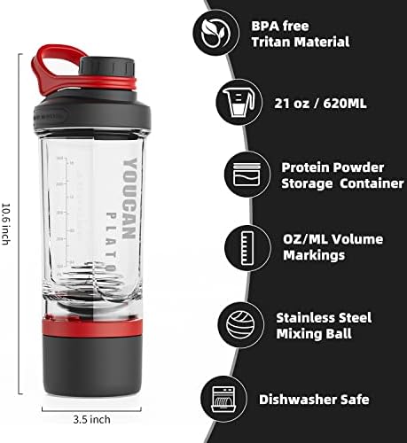 21oz Protein Shaker Bottle with Powder Storage Container-Shaker Cups for Protein Shakes-pre workout bottle-Mixer Cup-Gym Sport Water Bottle -Made with Tritan BPA Free,with Wire Whisk Balls,Red
