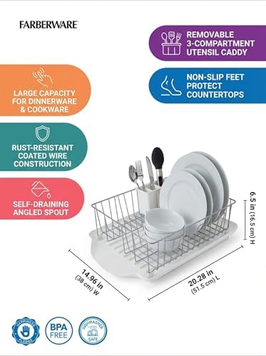 Classic Large Rust Resistant Full Dishrack with Removable 3 Compartment Flatware Caddy, Andlged Drain Board, 3-Piece, White