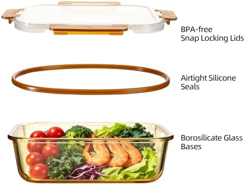 10 Pack Amber Glass Meal Prep Containers 34oz & 12oz with Leak Proof Lids