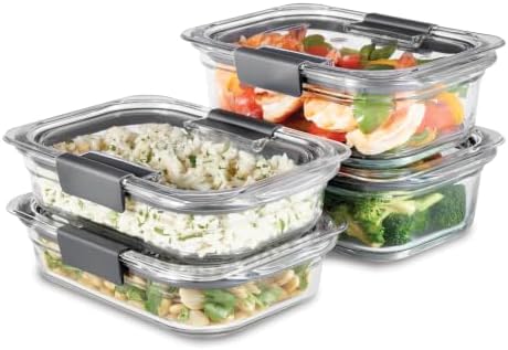 Brilliance Glass Food Storage set of 4 containers 8 total pieces (4 containers + 4 lids) for Lunch Meal Prep and Leftovers Dishwasher and Oven Safe Clear/Grey