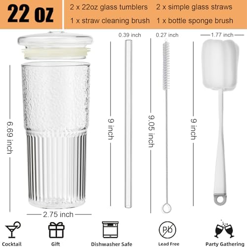 Glass Cups with Lids and Straws, 22 oz High Borosilicate Clear Iced Coffee Glass Tumblers, Drinking Glass Smoothie Tea Water Cups, Pack of 2 with Cleaning Brush