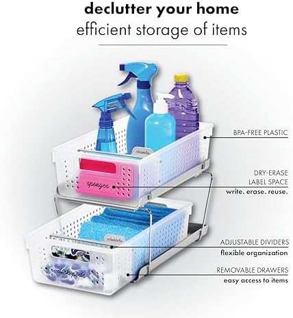 2 Tier Organizer, Under Cabinet Storage with Pull Out Sliding Drawers, for Cleaning Supplies, Pantry, Undersink, Sponges, Bottles & Bath, Pull Out Baskets, Frost 2 PACK