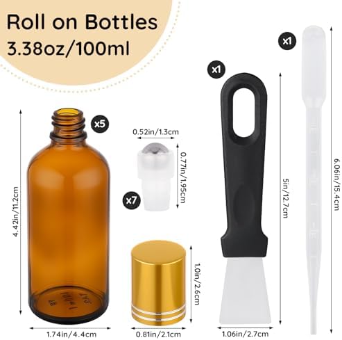 Segbeauty 3.4oz Thick Amber Glass Roller Bottles for Oils, 5pcs Large Empty Roll On Bottles for Perfume Massage Castor Essential Oil, 100ml Refillable Eye Essence Roller Ball Applicator with Dropper - Image 3