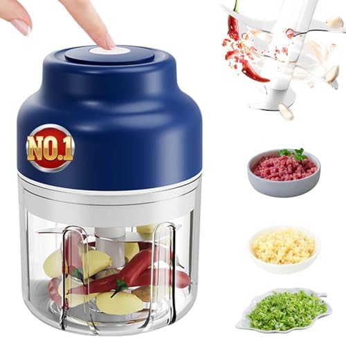 Electric Garlic Chopper Mini, Cordless Mini Food Chopper With 6 Blades, 320ml Small Garlic Grinder For Onion Chili Ginger, Rechargeable Kitchen Gadget (1, Blue) by QWJUX