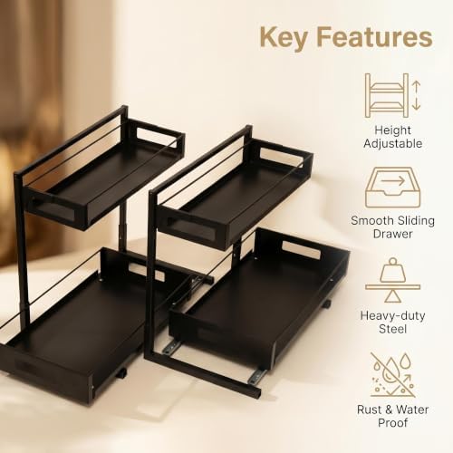 Under Sink Organizer, Adjustable Height 2 Tier Pull Out Cabinet Organizer