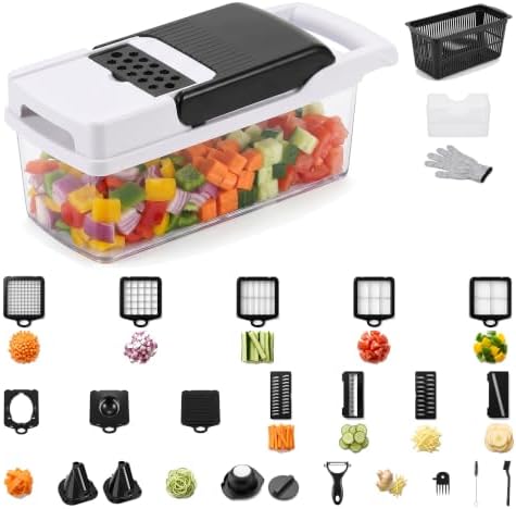 Vegetable Chopper 25-in-1 with Container, Onion Dicer, Mandoline Slicer, Veggie Food Chopper Cutter and Spiralizer with Stainless Steel Blades, Drain Basket, Hand Guard and Cut Resistant Glove by Unknown