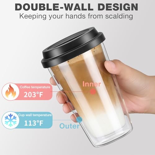 2 Packs Double Walled Glass Coffee Mugs with Silicone Lids, 12 OZ Reusable Glass Coffee Cups, Insulated Coffee Mugs, Cappuccino,Tea,Latte,Iced Coffee Cups, Glass Travel Mug, Heat Resistant