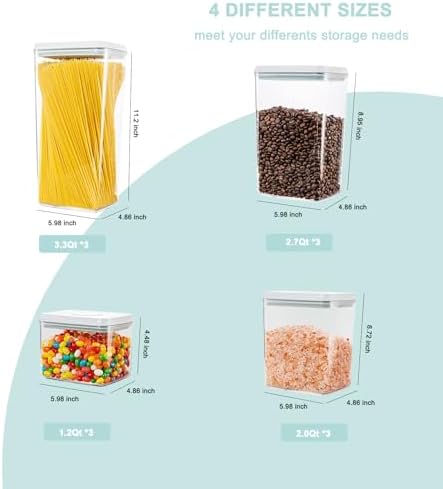 Pop Airtight Food Storage Containers with Lids for Kitchen Pantry Organizing Stackable Container for Cereal Snack Flour Sugar Coffee Spaghetti -12 Pcs(1.2, 2.0, 2.7, 3.3qt)*3