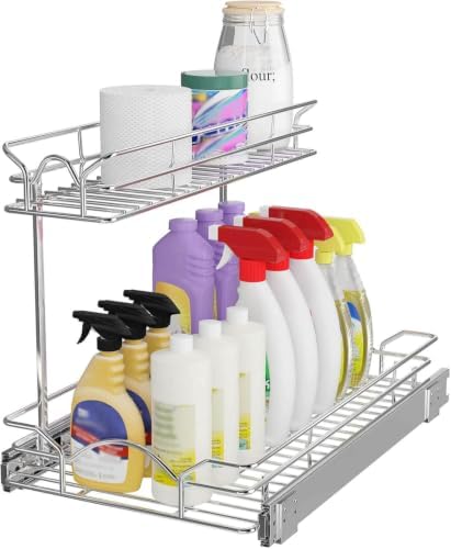 Under Sink Cabinet Organizer Two Tier Pull Out Shelf (11.75W x 17D), Under Sink Sliding Shelf for Kitchen Bathroom Cabinet 2 Tier Chrome