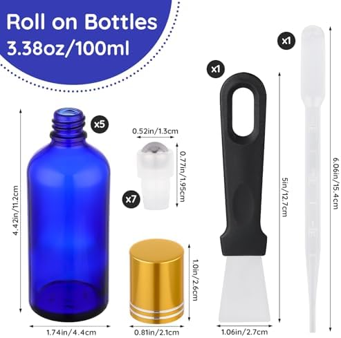 Segbeauty 3.4oz Thick Glass Roller Bottles for Essential Oils Blend, 5pcs Blue Empty Rollerball Bottles, 100ml Refillable Roller Ball Applicator for Perfume Oil Eye Essence, Large Glass Roll On Bottle - Image 3