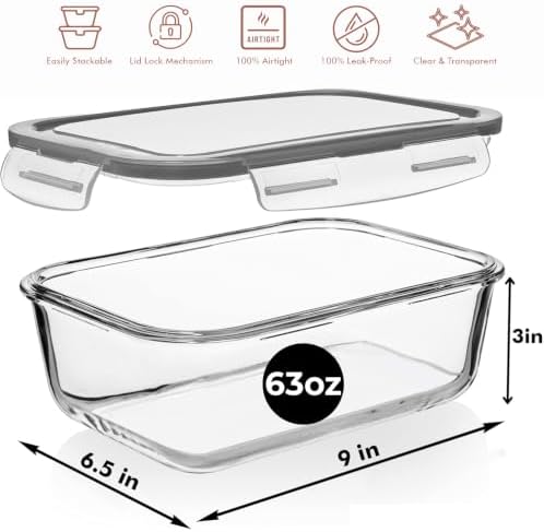 8 Cups/ 63 Oz 4 Piece (2 containers + 2 Lids) Large Glass Food Storage/ Baking Containers with Locking Lids. Ideal for Storing food, vegetables or fruits. BPA Free & Leak Proof -Microwave, Oven Safe
