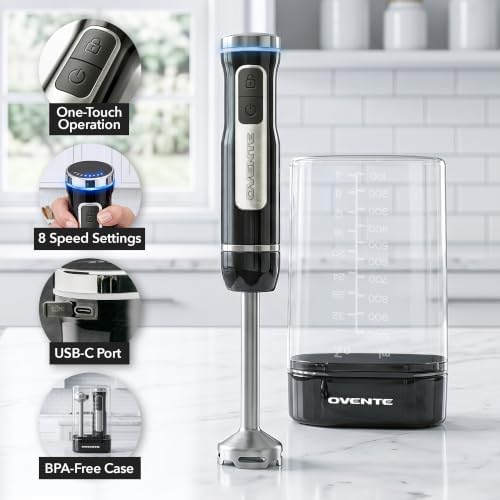 OVENTE Cordless Hand Blender, Rechargeable with 8 Mixing Speed Black HR781B - Image 2