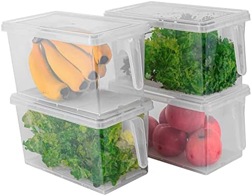 Produce Saver Containers for Refrigerator with Drain Tray, 5L x 4 Stackable Fruit Storage Containers for Fridge,Vegetable Storage Keep Fresh for Lettuce,Salad,Berry, Salad,Meat and Fish