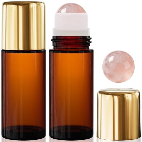 PrettyCare Rose Quartz Roller Bottles for Essential Oils, 50ml Roll On Bottles with Natural Crystal Roller Ball Applicator, Refillable Amber Glass Perfume Bottle (2 Pack, Pink Roller) by PrettyCare