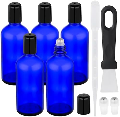 Segbeauty 3.4oz Thick Glass Roller Bottles for Essential Oils, 5pcs Blue Empty Rollerball Bottles for Oil, 100ml Refillable Roller Ball Applicator for Perfume Oil Eye Essence, Glass Roll On Bottle by Segbeauty